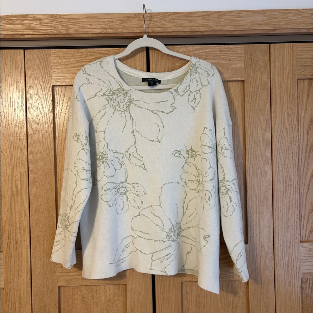 Tahari Cream Sweater with Light Green Floral Pattern